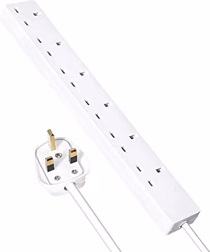 MantraRaj 6 Gang Extension Lead with 2 Metre Cable and UK Plug, White