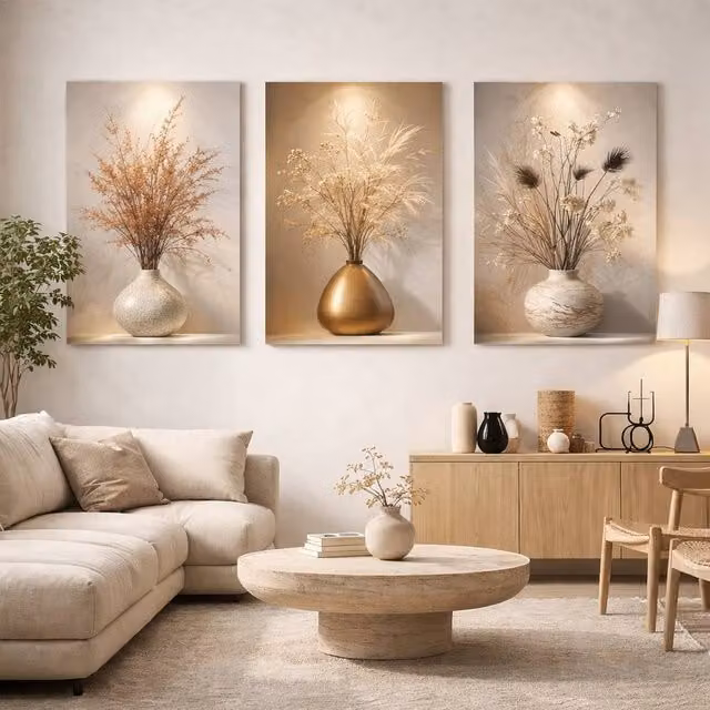 Mafett Serene Dried Botanicals 3 Panel Canvas Wall Art, Beige, W: 59 cm, H: 84 cm, Depth: 2 cm – 1