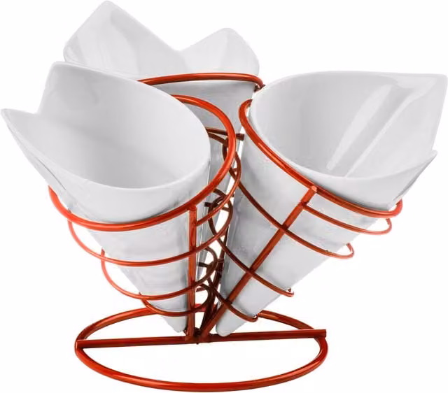 Orsina Set of 3 White Ceramic French Fry Cones with Red Metal Stand
