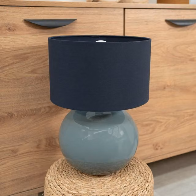 ValueLights Bosco Eucalyptus Table Lamp with Blue Ceramic Base and Fabric Cylinder Shade