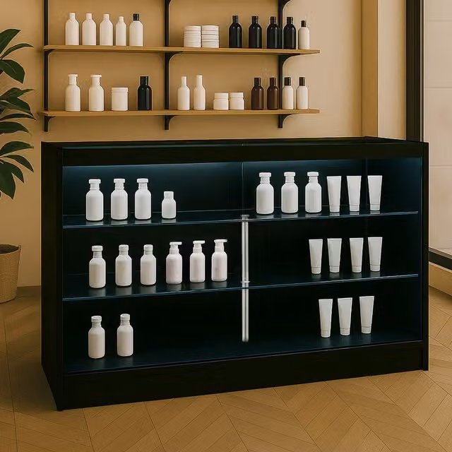 Monster Shop K1500 LED Shop Counter in Black with Glass Doors and Integrated Lighting