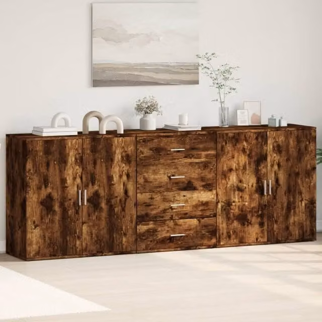 Berkfield Home Set of 3 Modern Smoked Oak Sideboards in Brown
