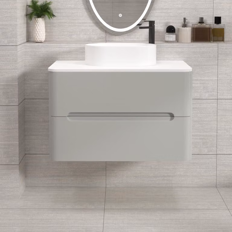 Royal Bathrooms Venice Wall Hung Vanity Unit in Dove Grey with 2 Drawers, Plain White Worktop and Peak Basin, Width: 80 cm