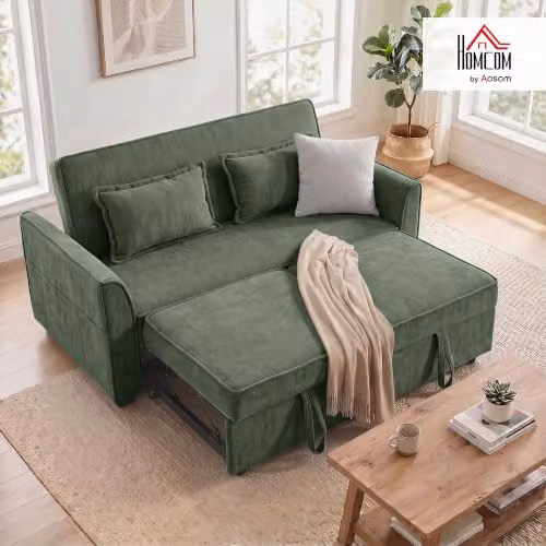 HOMCOM 2 Seater L Shaped 4-in-1 Pull Out Sofa Bed in Dark Green with Solid Wood Frame and Reversible Fabric Upholstery – 2