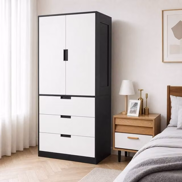 STILVORA Modern Black Matt Wardrobe with Hinged Doors, Drawers and Hanging Rail, H: 180 cm, W: 80 cm