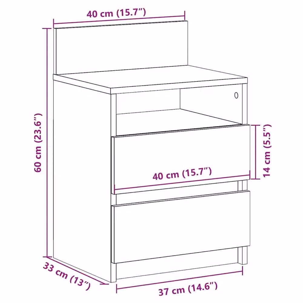 Berkfield Home Durable Bedside Cabinet with 2 Drawers in Black, W/D/H: 40 x 33 x 60 cm – 6