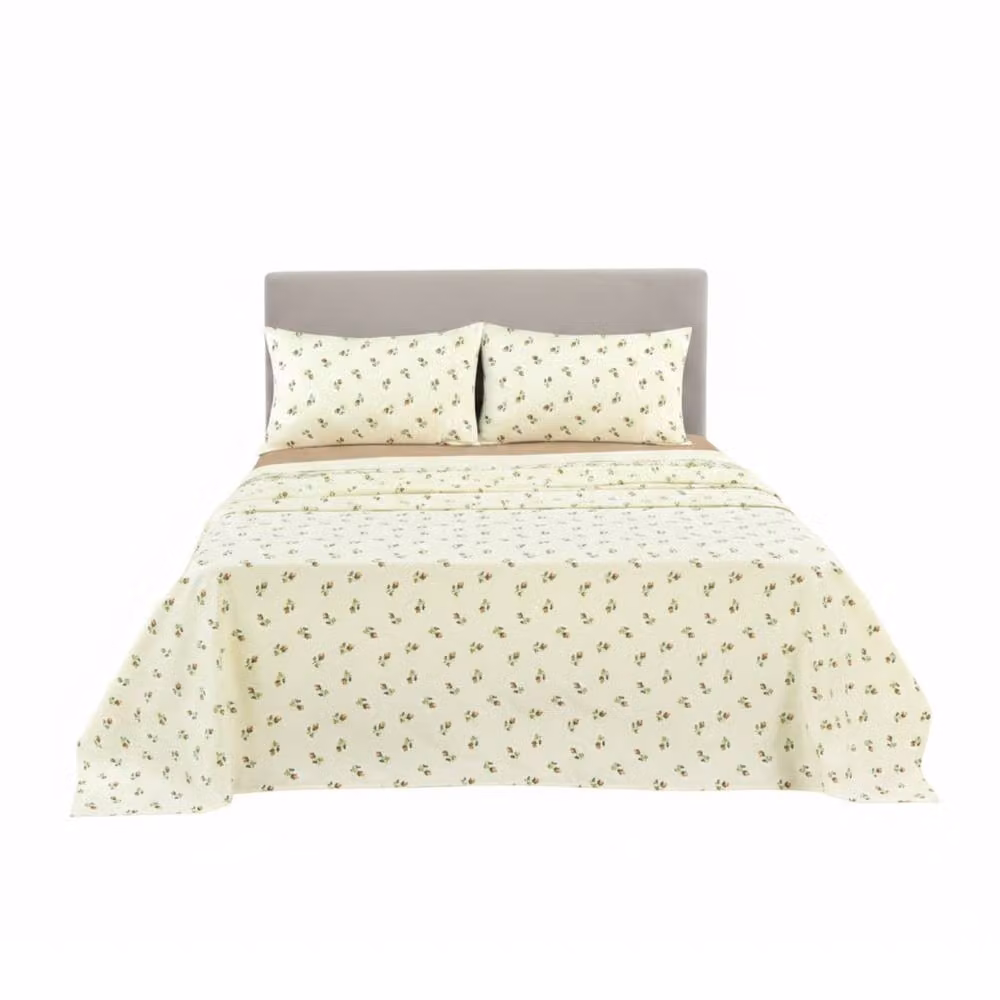 Snug City Floral Print Brushed Cotton Flannelette Fitted Sheet and Matching Pillowcase in Beige, W/D/H: 140 x 200 cm – 2