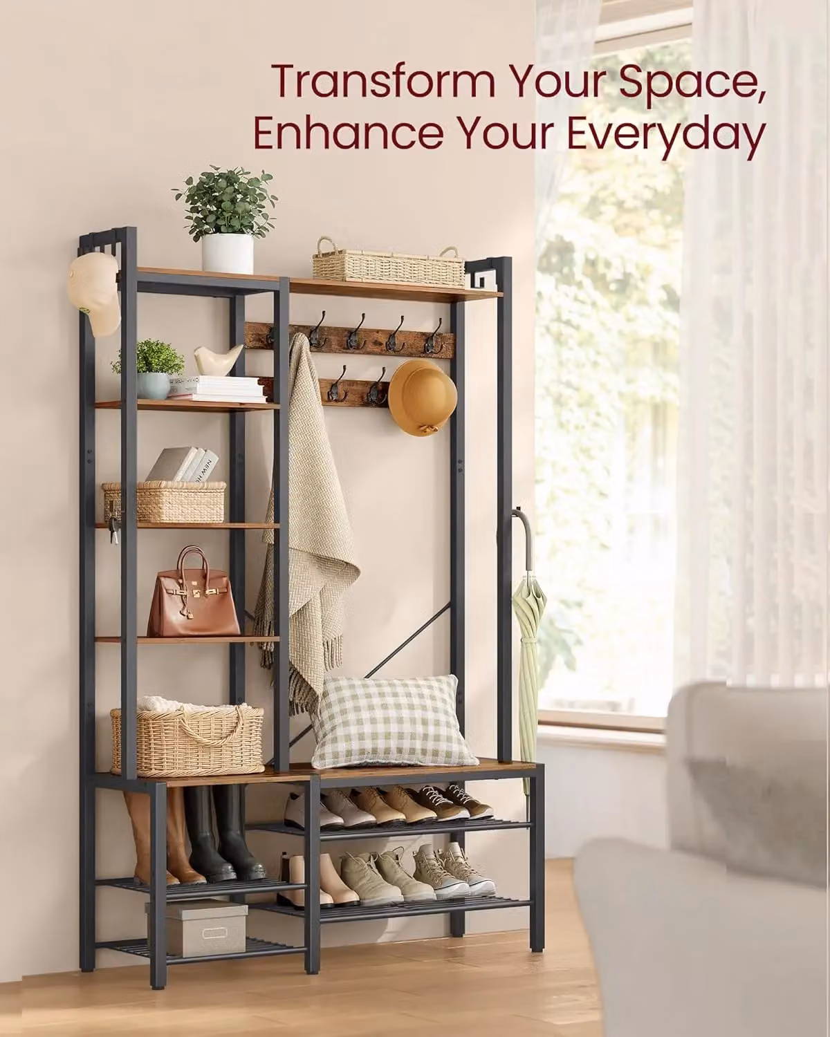 VASAGLE Industrial Hall Tree with Bench and Multiple Hooks in Black – 2