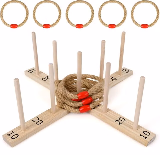 COSTWAY Family Ring Toss Throwing Game in Brown and Multicolour Wood