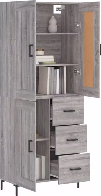 Berkfield Home Grey Sonoma Highboard with Hinged Doors and Internal Shelves, W/D/H: 69.5 x 34 x 180 cm
