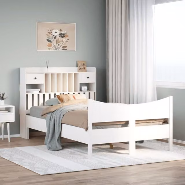 Berkfield Home White Solid Wood Pine Double Bed Frame W: 135 cm, D: 190 cm