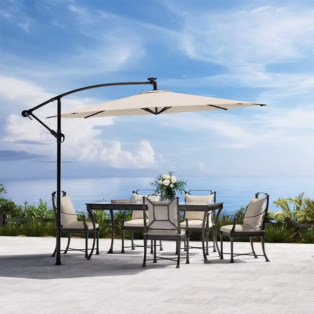 Komore Solar-Powered Lighted Cantilever Garden Parasol in Beige Polyester