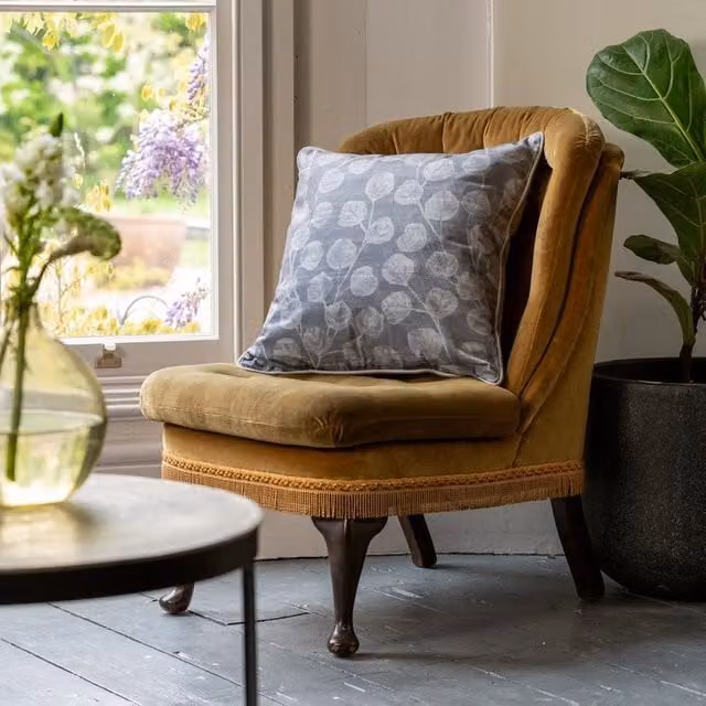 Linda Barker Ursulas Vine Piped Filled Square Velvet Cushion in Silver Grey, W x D: 50 x 50 cm