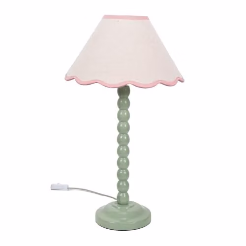 ValueLights Sage Green Bobbin Stem Table Lamp with Pink Trim Scallop Shade and LED Bulb