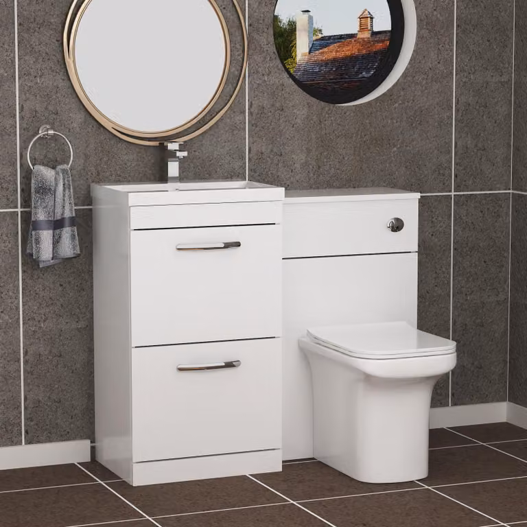Royal Bathrooms Turin 1000mm Gloss White 2-Drawer Mid-Edge Basin and Crosby Back to Wall Toilet Pack