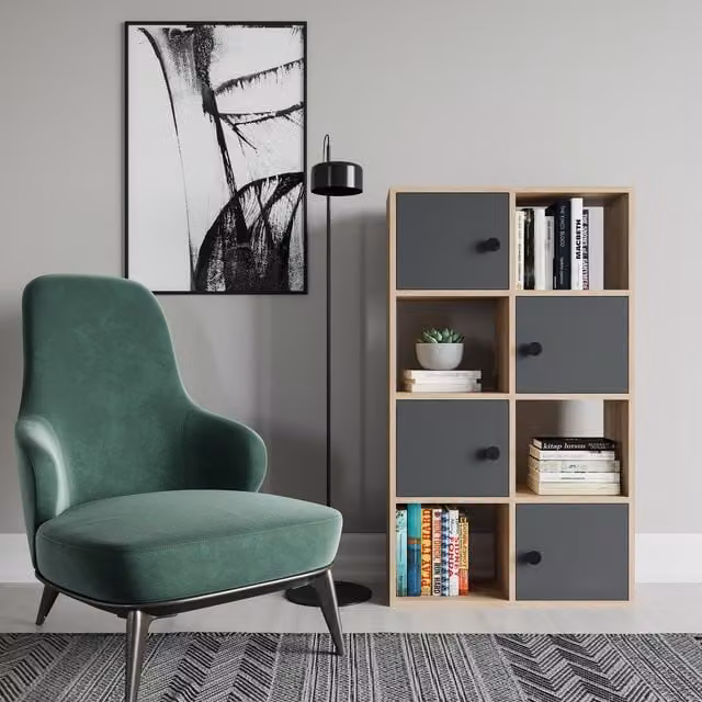 Decorotika Tasso Modern Bookcase with Cabinets in Sapphire Oak Pattern, Anthracite and Yellow
