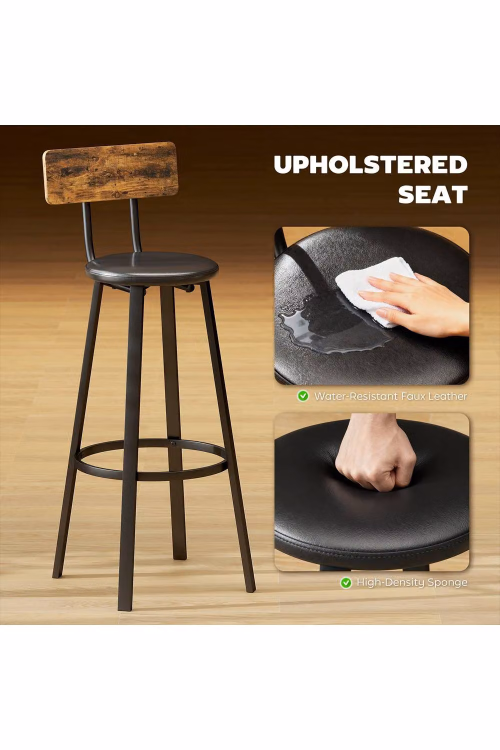 ERGOVEXA Set of Two Industrial-Style Swivel Bar Stools in Brown and Black – 3