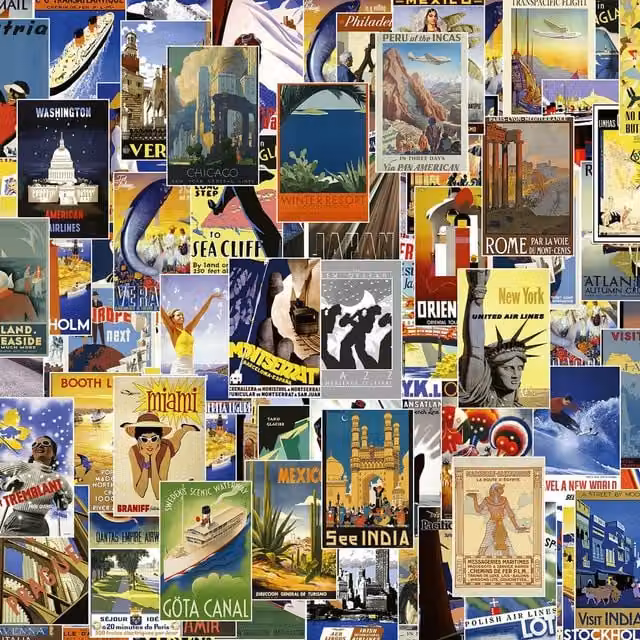 Vintage Travel Poster Wall Mural in Blue and Multicolour