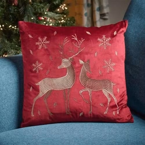Samuel Alexander Ruby Red Christmas Reindeer Fabric Chair Cushion, W x D: 45 x 45 cm