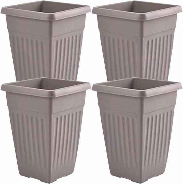 FLAVORA Pack of 4 Tall Square Plastic Garden Planter Pots in Grey – 1
