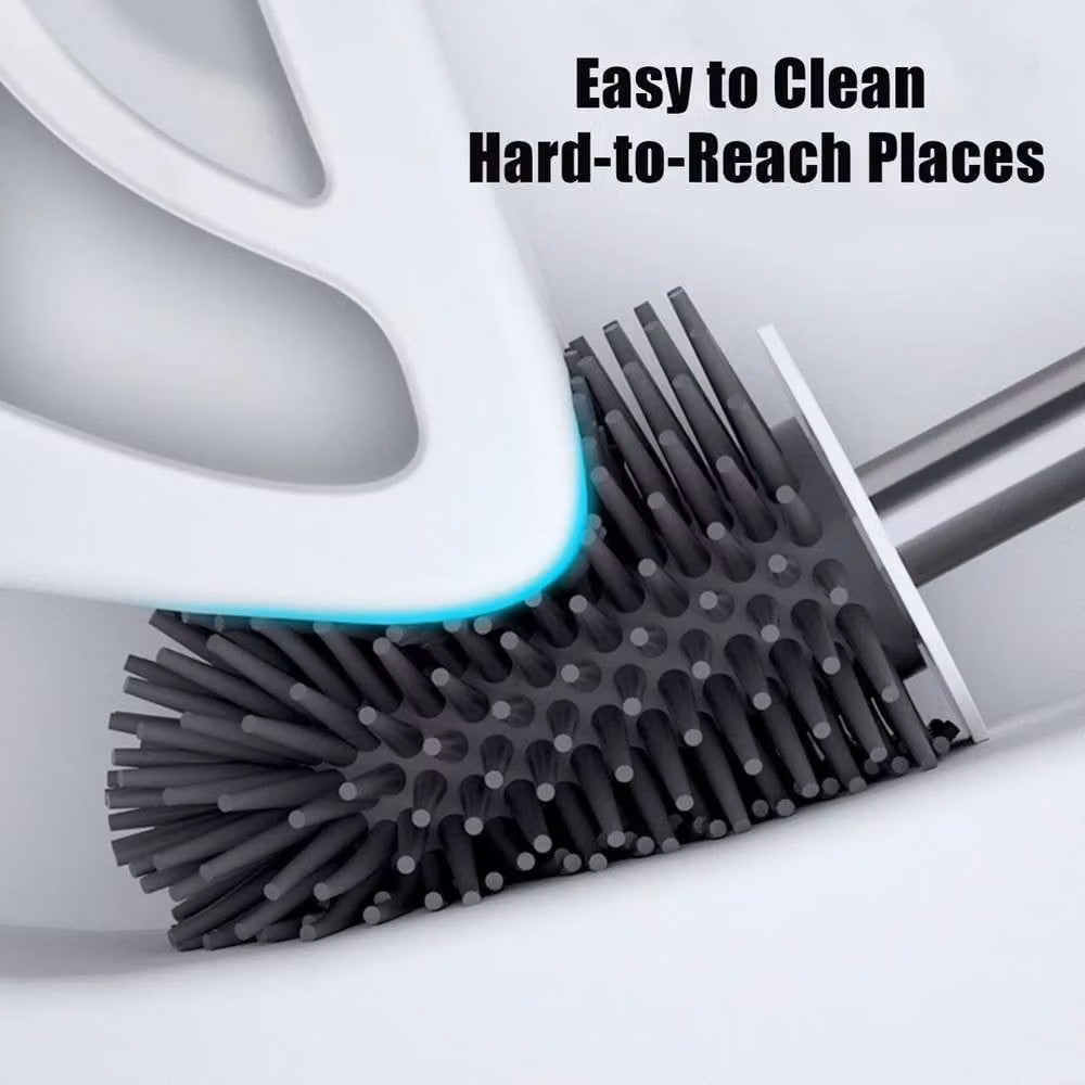 VOGREX White Silicone Bristle Toilet Brush Set with Freestanding Base – 4