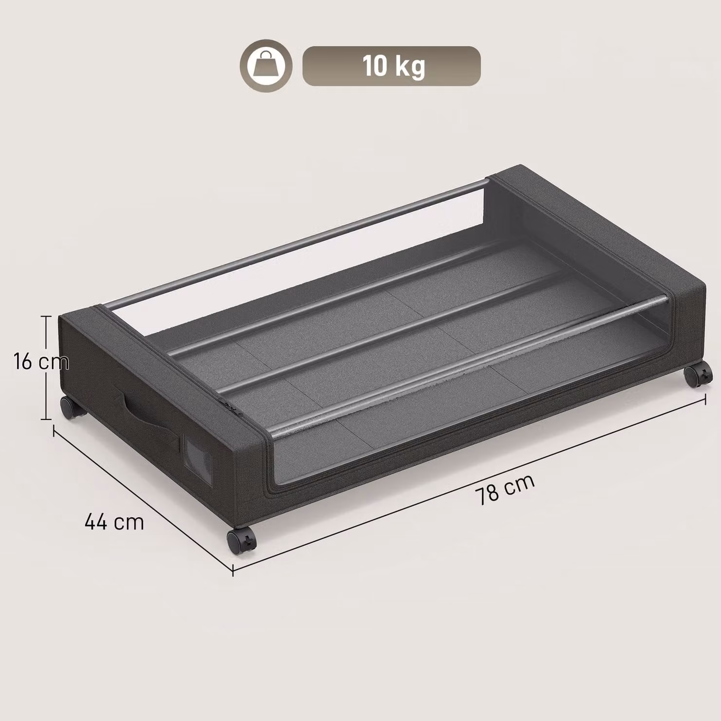 HOMCOM Pack of 2 Black Fabric Under Bed Storage Drawers with Clear Lids and Wheels, 40L Capacity – 3