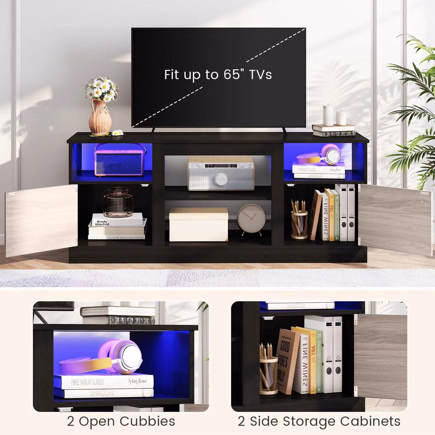 Costway Modern Black MDF Entertainment Centre TV Stand with LED Lights for up to 65 inch TVs – 5