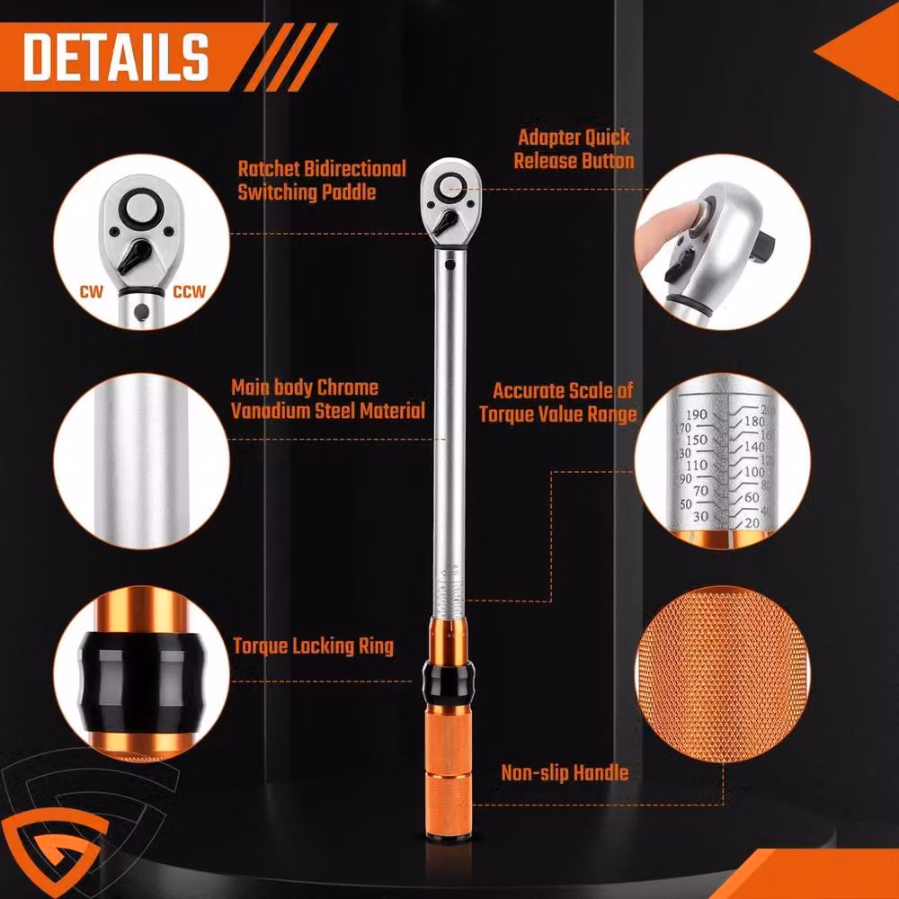 Nordara 1/2" Drive Adjustable Torque Wrench, 10-150ft.lb/14-204n.m, Silver – 3