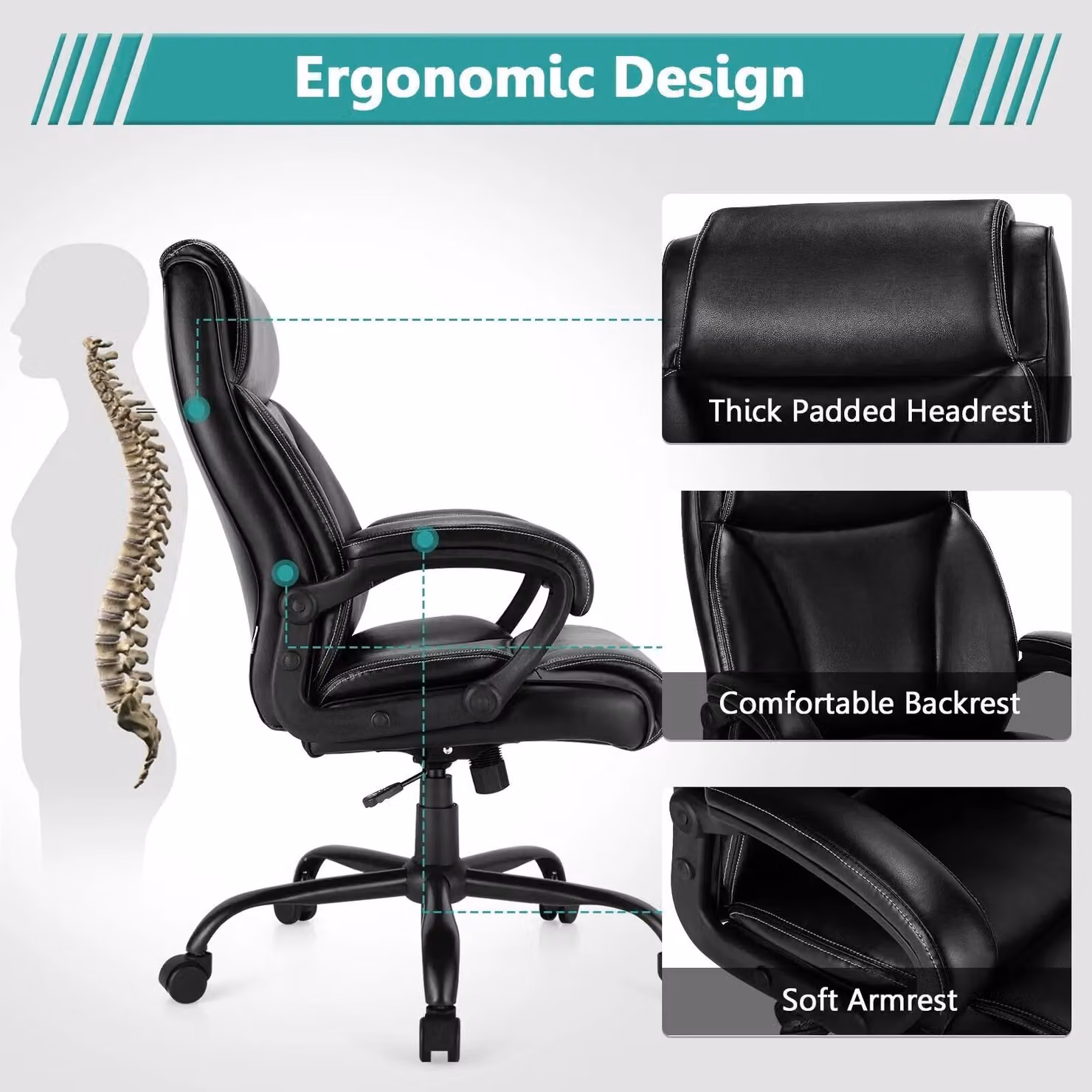 Costway Big and Tall Ergonomic Executive Office Chair in Black Synthetic Leather with Headrest and Rocking Backrest – 6