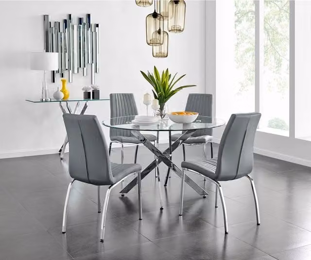 FurnitureboxUK Novara Round Glass and Chrome Metal Dining Table and 4 Isco Chairs Set in Grey, Diameter: 120 cm