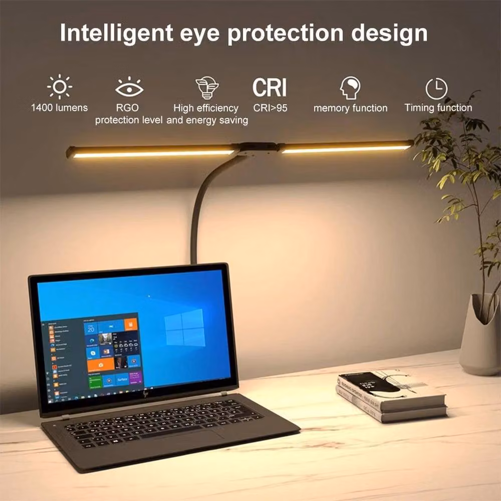 EONLION Double Head LED Desk Lamp in Black, Dimmable and Adjustable Tabletop Task Light – 4
