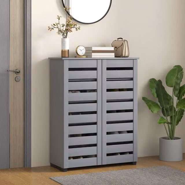 HOMCOM Shoe Storage Cabinet with Hinged Doors and Internal Shelves for 15 Pairs of Shoes, Grey – 1