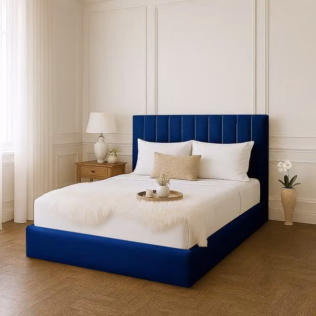 Desire Deco Gloria Upholstered Velvet Bed Frame in Blue, 140 x 200 cm