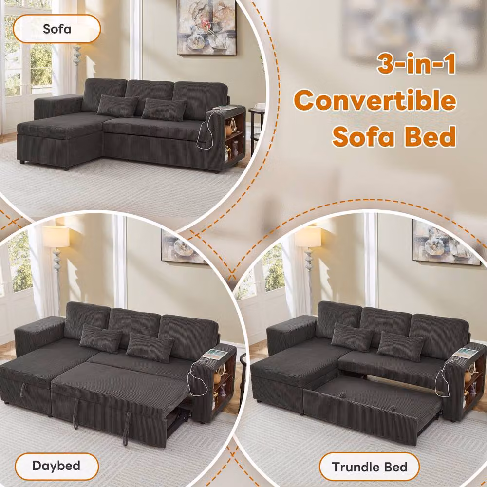 Matteo Reversible L-Shaped Convertible Sofa Bed with USB Charging Station and Storage in Grey – 3