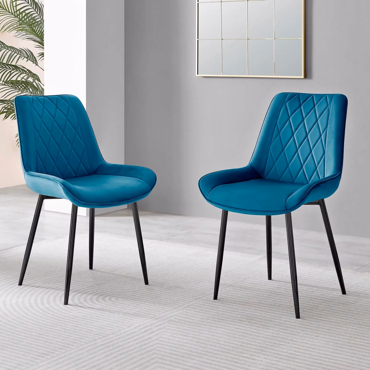 FurnitureboxUK Novara Round Glass Dining Table and 2 Pesaro Upholstered Chairs in Blue with Black Legs, Diameter: 100 cm – 4