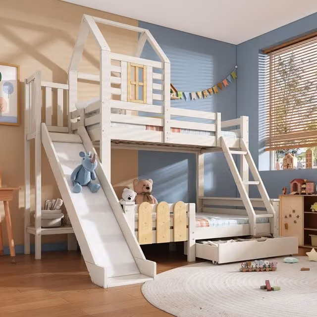 Aosom UK 3-in-1 Cabin-style Bunk Bed with Slide and Storage Drawer, White Solid Wood and MDF Frame, W: 189 cm, D: 240 cm, H: 230 cm