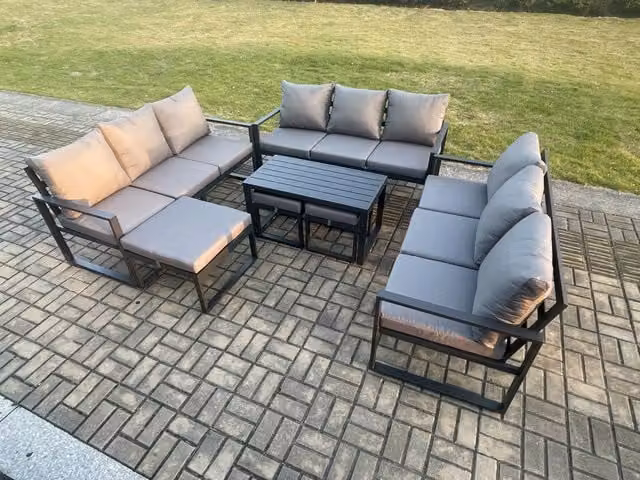 Fimous 12 Seater Aluminium Outdoor Garden Furniture Set in Dark Grey with Lounge Sofa, Oblong Coffee Table, 3 Footstools and Cushions