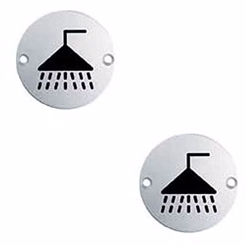 Loops 2 Pack Bathroom Door Shower Symbol Sign, Brushed Stainless Steel, 76mm Diameter, 64mm Fixing Centres, Silver