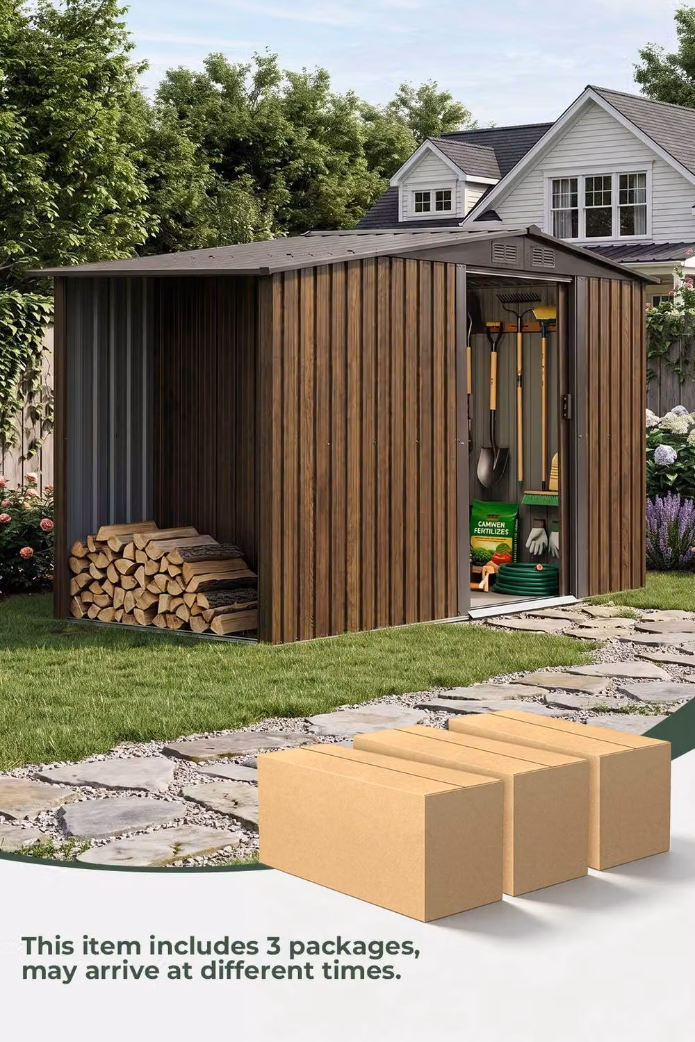 Garden Sanctuary Metal Garden Storage Shed with Log Storage, Brown, W: 329 cm, D: 120 cm, H: 178 cm – 3