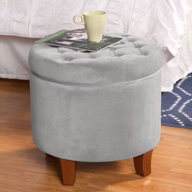 Luxury Living Cambridge Tufted Round Velvet Storage Ottoman Footstool in Grey