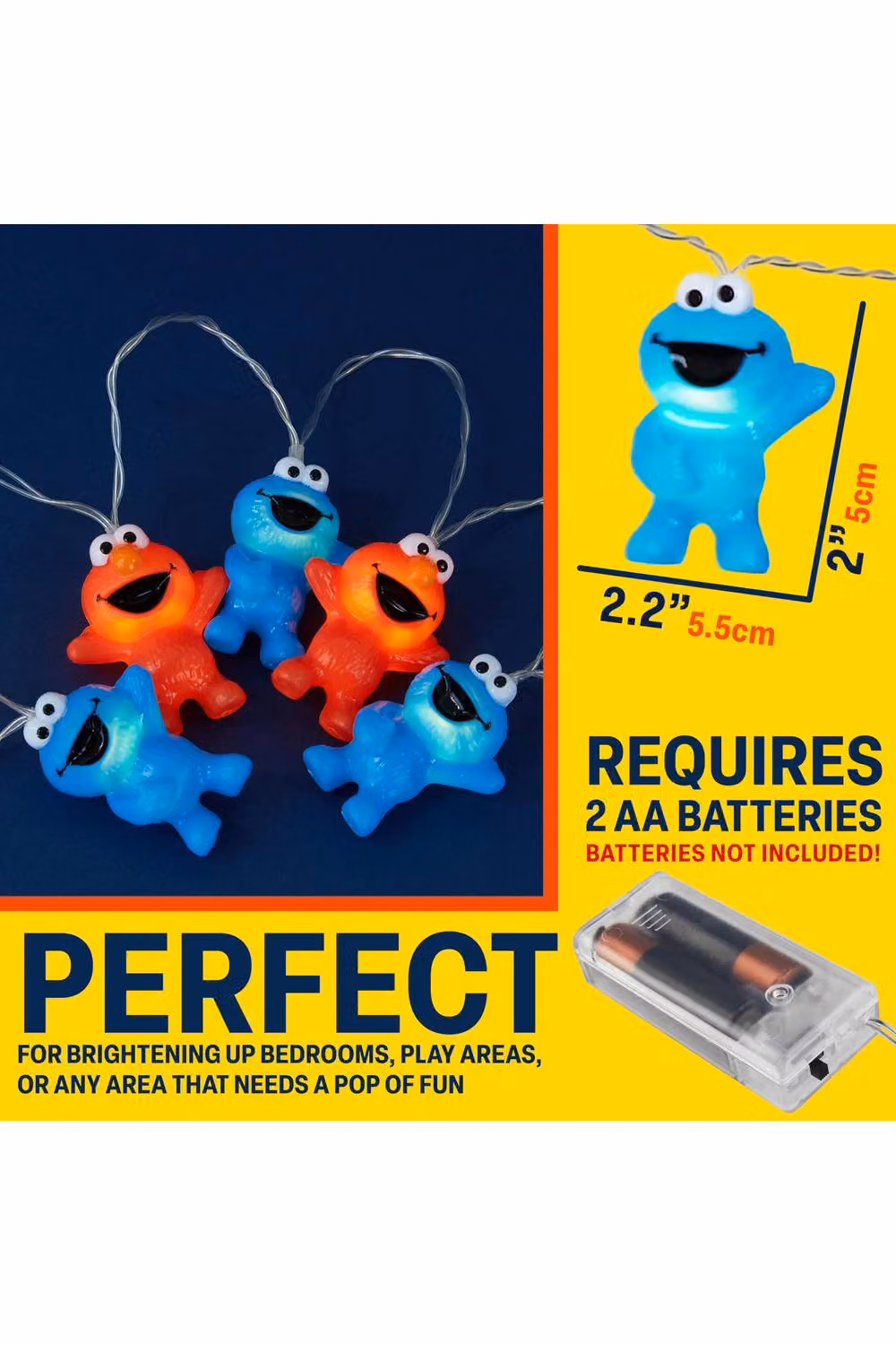 Get Trend Sesame Street 3D LED String Lights with Cookie Monster and Elmo, Battery-Operated Warm White Fairy Lights, Length: 165 cm – 8