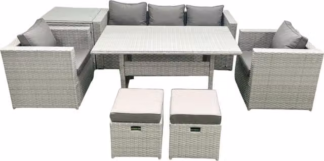 Fimous Garden Dining Set with Rattan Sofa, Dining Table, 2 Chairs, 2 Footstools and Side Table in Light Grey – 1