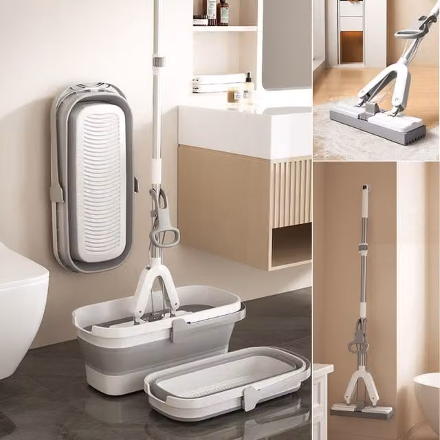 Gr8 Home PVA Sponge Mop and Folding Bucket Cleaning Set with Telescopic Handle in Grey and White