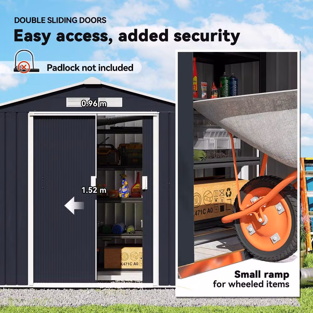 Rolipo Metal Garden Shed in Dark Grey with Foundation Kit and Double Doors – 7