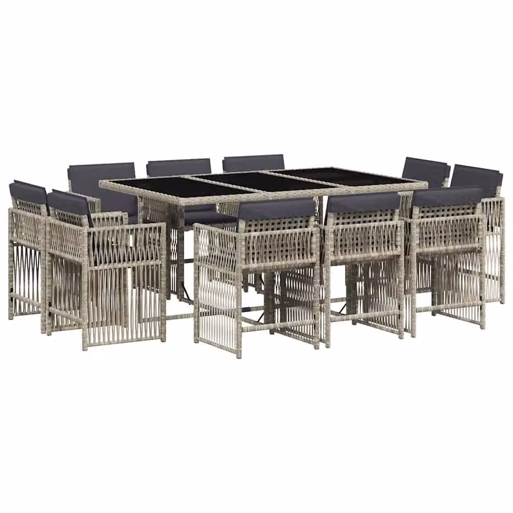Berkfield Home 11 Piece Modern Garden Dining Set with Light Grey Poly Rattan and Glass Tabletop – 2
