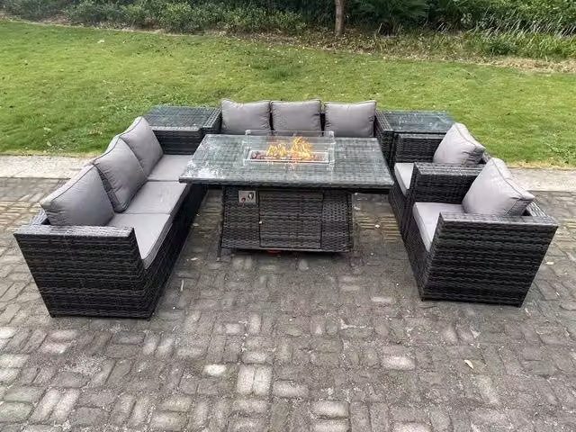 Fimous 8 Seater Rattan Gas Fire Pit Dining Set with Lounge Chairs and Side Tables in Dark Grey