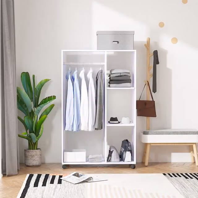HOMCOM Modern Open Wardrobe with Hanging Rail and Storage Shelves in White