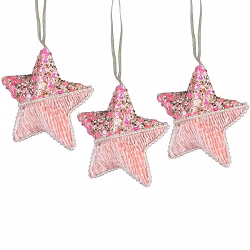 Shatchi 3-Piece Star Christmas Tree Hanging Decorations in Pink, White and Gold, Diameter: 12 cm