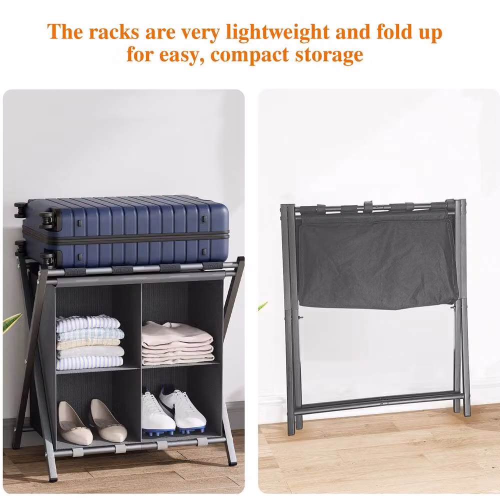 Huhote Metal Luggage Rack with Storage Shelf, Set of 2, Grey – 6