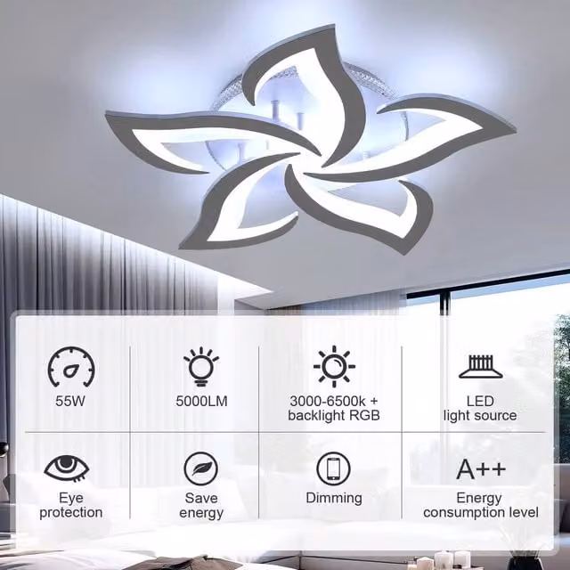 EONLION Modern LED Flower Acrylic Ceiling Light Chandelier in White with Remote Control